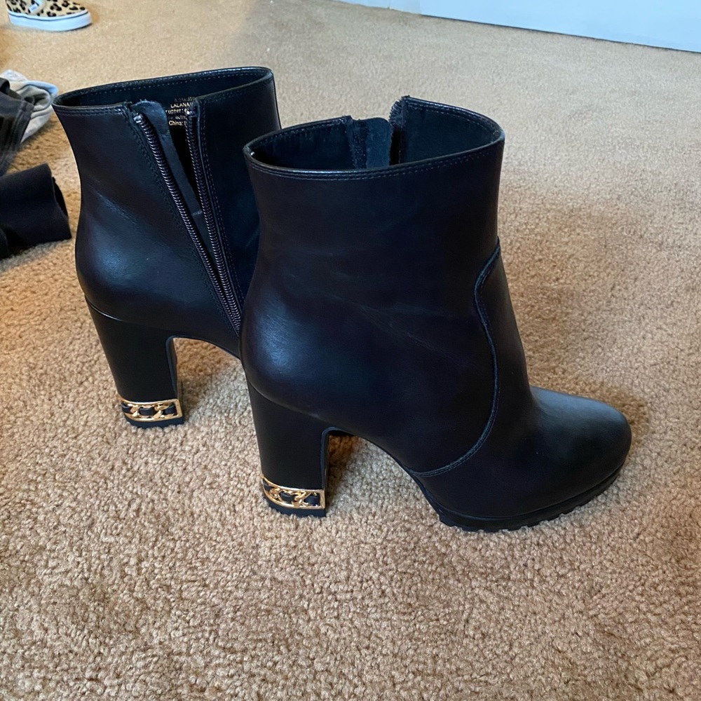 New with tags black with gold chain ankle boot